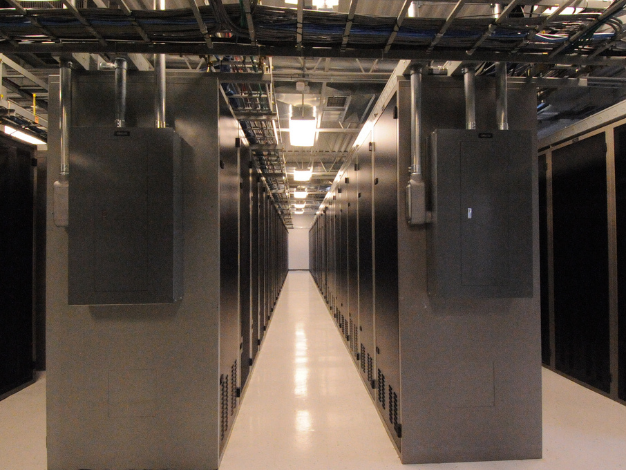 Interior view of a data center with server racks