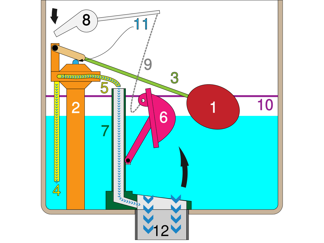 Diagram of a gravity toilet cistern showing 1. float, 2. fill valve, 3. lift arm, 4. tank fill tube, 5. bowl fill tube, 6. flush valve flapper, 7. overflow tube, 8. flush handle, 9. chain, 10. fill line, 11. fill valve shaft, 12. flush tube