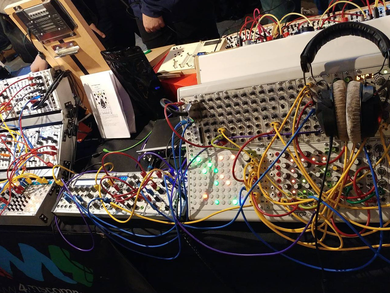 A modular synth set-up - many simple components are connected with cables - the cables are at risk of becoming tangled