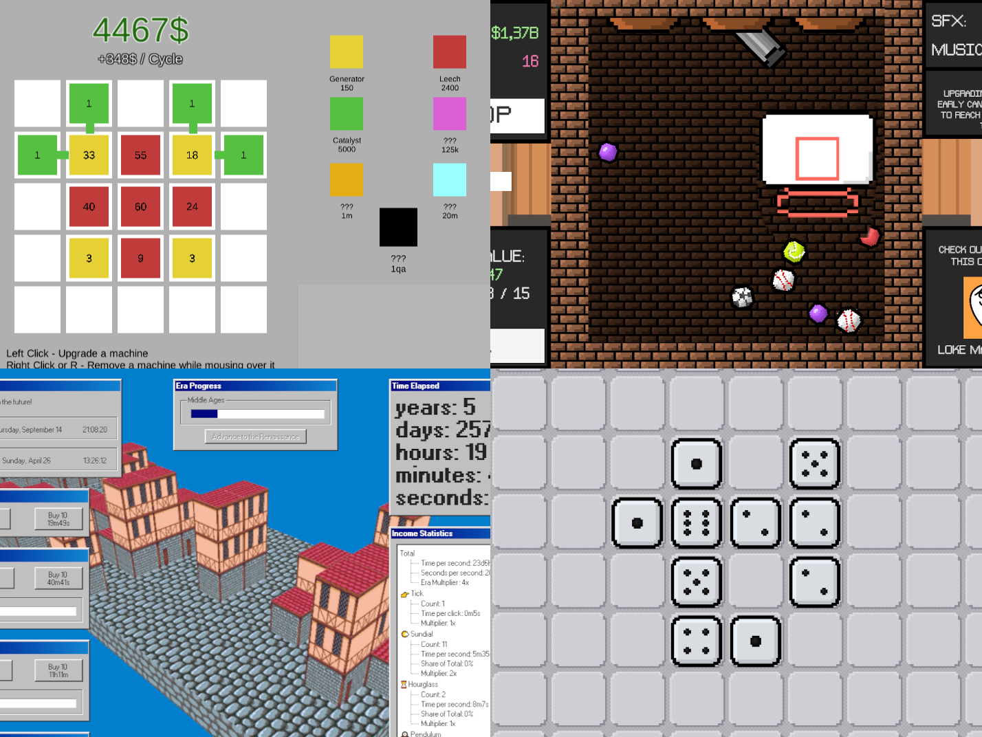 Gameplay screenshots of Gridle, The Ballpit, Time is Money, and Pip Factory
